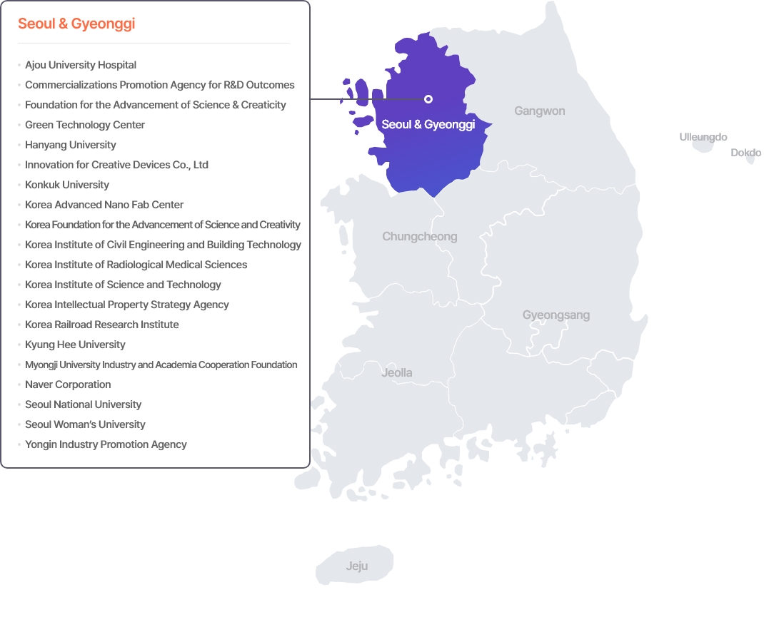 KFE와 국내협력된 전국 지도로 경기도, 강원도, 충청북도, 충청남도, 경상북도, 경상남도, 전라북도, 전라남도, 제주도와 관련된 협력업체를 확인하실 수 있습니다.