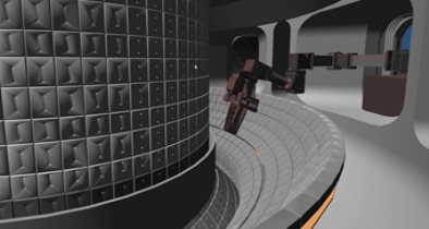 가상 KSTAR에 구현된 가상 로봇팔(좌) 모형에(1/5규모) 구현된 실제 로봇팔의(우) 연동 및 제어 이미지